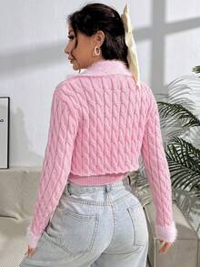 SHEIN Unity Fuzzy Cuff Cable Knit Cardigan & Cami Knit Top - Baby Pink - View 2