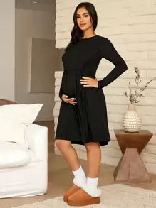 SHEIN Maternity Solid Nursing Dress - Black - View 5