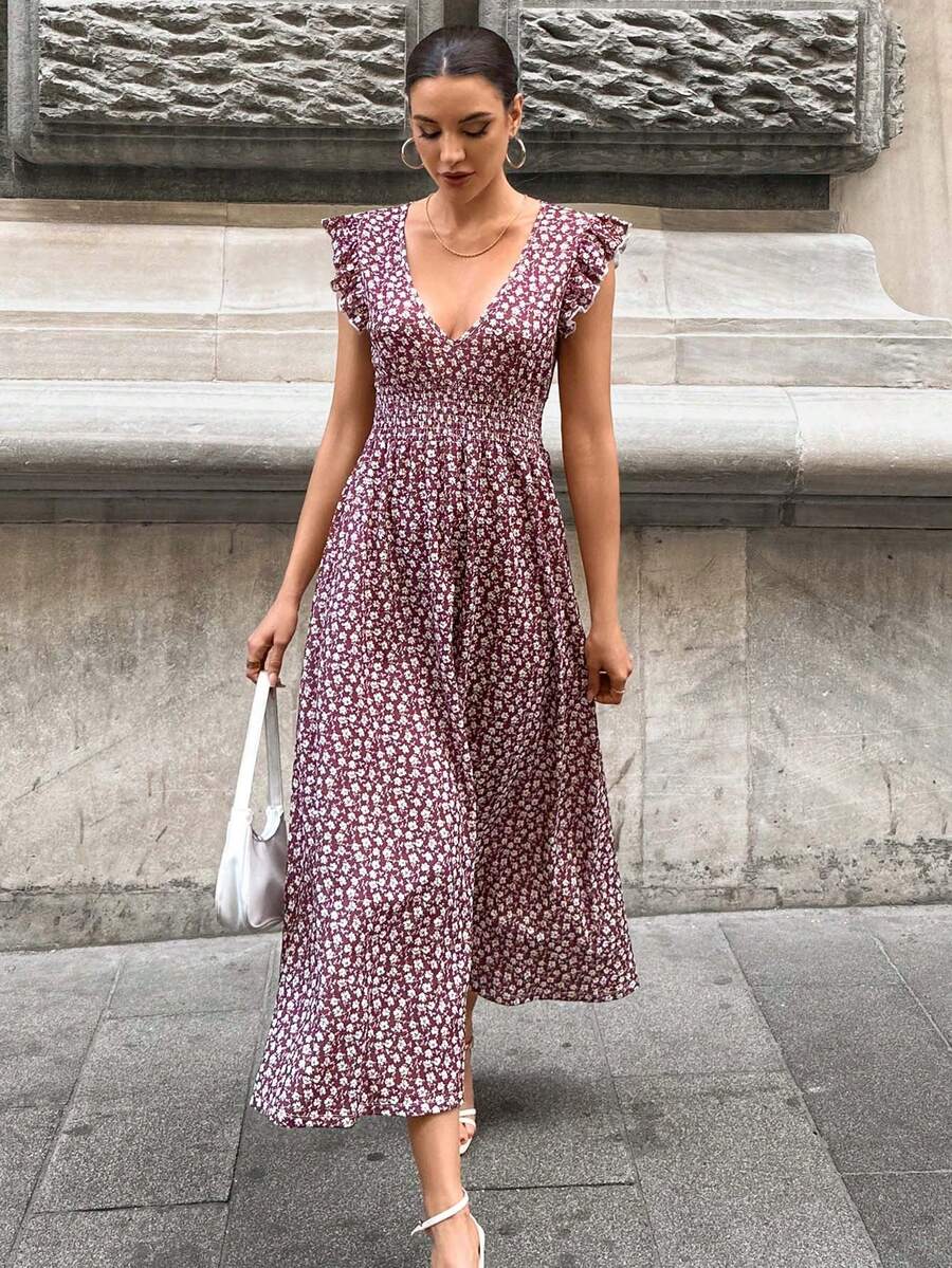 SHEIN Ditsy Floral Print Ruffle Trim Dress - Burgundy - View 1