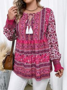 Celure 大碼印花流蘇繫帶領喇叭袖荷葉邊下擺襯衫 - 紅色 - 查看 4