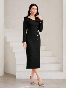 Modelyn Cổ Trái tim Chi tiết Nút Viền chia cắt Đầm - màu đen - Xem 4