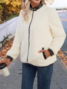 SHEIN LUNE Contrast Trim Slant Pocket Fuzzy Coat - White - View 4