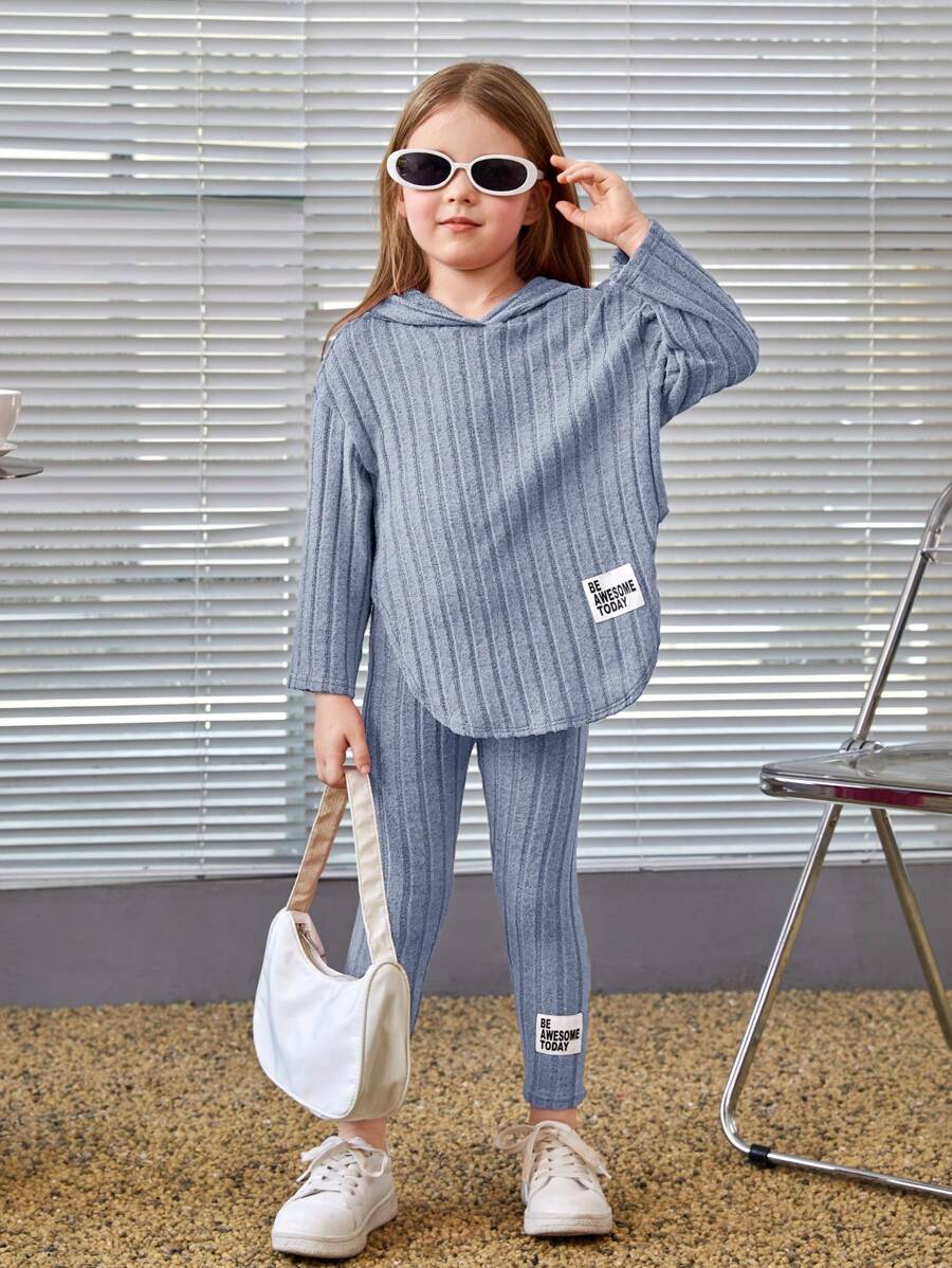 SHEIN Leap Crew Cô Gái Trẻ Thư được vá áo có mũ Áo thun và Leggings - Màu xanh nhạt - Xem 1