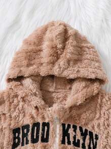 SHEIN Young Girl Letter Embroidery Hooded Teddy Jacket Without Sweater - Camel - View 3