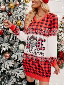 SHEIN LUNE Christmas Print Raglan Sleeve Dress For New Year Clothes