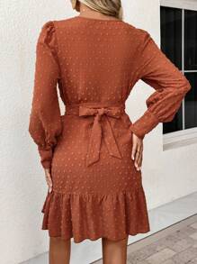 SHEIN VCAY Swiss Dot Ruffle Trim Wrap Hem Dress - Orange - View 2