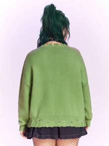 The Powerpuff Girls | ROMWE Plus Cartoon Pattern Distressed Drop Shoulder Sweater - Green - View 6