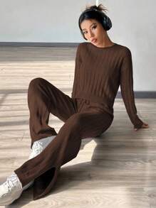 Flirla Solid Sweater & Drawstring Waist Knit Pants