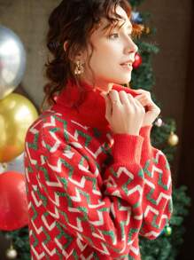 Knit Mix Geo Pattern Drop Shoulder Sweater