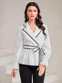 Modelyn 撞色滾邊喇叭袖腰帶襯衫 - 白色 - 查看 3