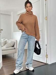 SHEIN Essnce Jersey cuello alto de hombros caídos - Marrón Mocha - Ver 4