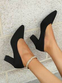 Black Point Toe Pumps, Chunky Heeled Court Pumps For Women - Black - View 5