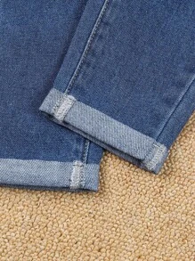 Baby Girl Casual Washed Denim Jeans With Paper Bag Waist & Tapered Leg - Dark Wash - View 8