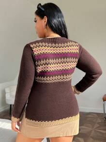 SHEIN EZwear Plus Geo Pattern Sweater - Brown - View 2