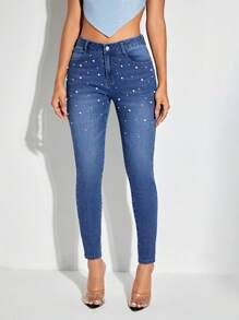SHEIN BAE Ngọc trai đính cườm Quần jean ôm - Rửa trung bình - Xem 3