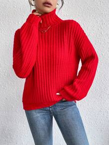 Chiquease Áo cao cổ Thả vai Đồ đan Ribbed Áo len - Đỏ - Xem 5