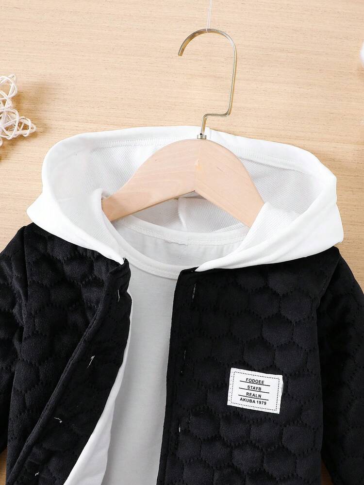 Baby Boy Letter Patched Detail Colorblock Hooded Quilted Coat