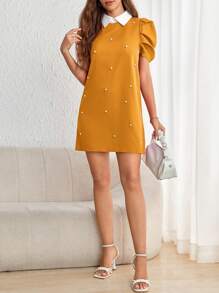 SHEIN Privé Contrast Collar Pearls Beaded Puff Sleeve Dress - Yellow - View 6