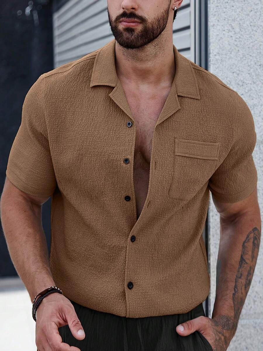 Manfinity Homme Homme Chemise Unicolore À Bouton Avec Poche - Tabac - Voir 1