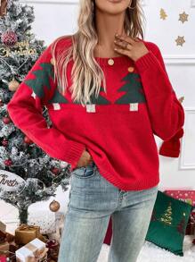 Chiquease Christmas Tree Pattern Drop Shoulder Knit Pullover Fall Winter Sweater - Red - View 4