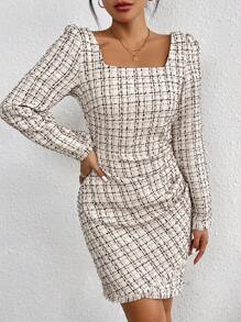 Chiquease Plaid Pattern Square Neck Ruched Tulip Hem Dress - Multicolor - View 3