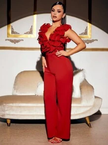 SHEIN SXY Plunging Neck Ruffle Trim Jumpsuit - Red - View 3