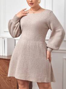 SHEIN Privé Plus Lantern Sleeve Sweater Dress - Khaki - View 1