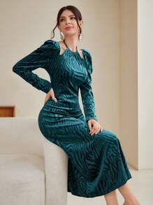 Modelyn 斑馬紋羊腿袖絨布洋裝不附腰帶 - 水鴨藍 - 查看 5