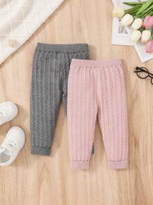 SHEIN Baby Girl 2pcs Solid Cable Knit Pants - Multicolor - View 2