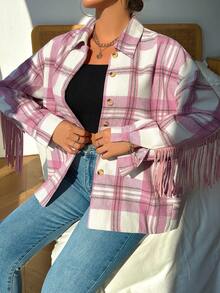 SHEIN Essnce Plaid Print Fringe Trim Drop Shoulder Coat - Multicolor - View 3