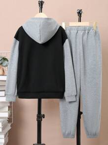 SHEIN Tween Boy Letter Graphic Thermal Lined Hooded Jacket & Sweatpants - Multicolor - View 3