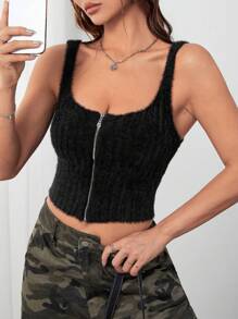 SHEIN EZwear 拉鏈開襟短款絨毛針織上衣 - 黑色 - 查看 3