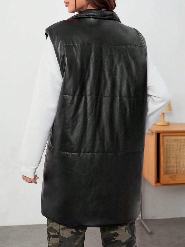 Black Sleeveless Pu Leather Padded Coat