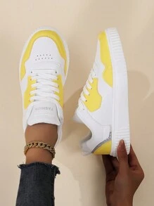 女士們競技鞋,低幫休閒鞋,繫帶黃色的滑板運動鞋 - 黃色 - 查看 1