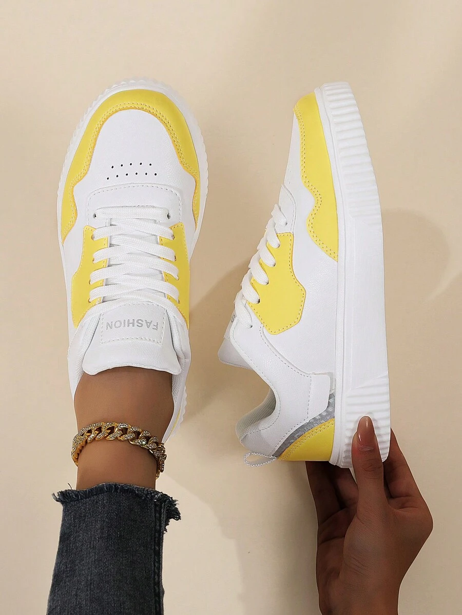 女士們競技鞋,低幫休閒鞋,繫帶黃色的滑板運動鞋 - 黃色 - 查看 1
