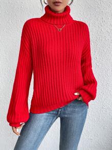 Chiquease Áo cao cổ Thả vai Đồ đan Ribbed Áo len - Đỏ - Xem 3