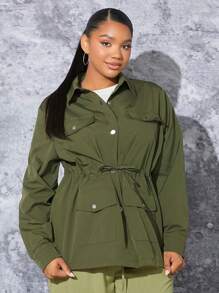 SHEIN SXY Plus Flap Pocket Drawstring Waist Flap Pocket Coat - Army Green - View 3