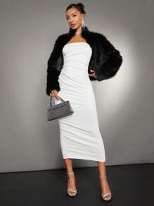 SHEIN BAE 1pc Solid Ruched Bodycon Dress - White - View 3