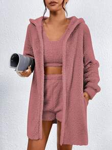 SHEIN Unity Áo khoác dài tay có mũ trùm đầu màu trơn cho nữ, cổ tròn, áo vest + quần short cạp chun, bộ đồ thường ngày - Hồng - Xem 6