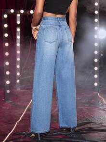 SHEIN Rhinestone Chi tiết quần ống rộng Quần jean - Rửa nhẹ - Xem 2