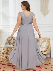 Plus Lace Panel High Low Bridesmaid Dress - Grey - View 2