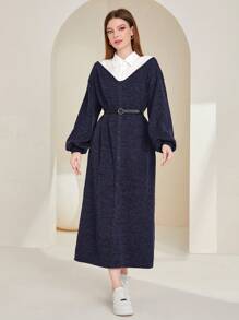 Mulvari Colorblock Lantern Sleeve Belted Dress - Navy Blue - View 6