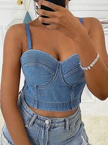 Bustier Crop Denim Cami Top - Light Wash - View 3