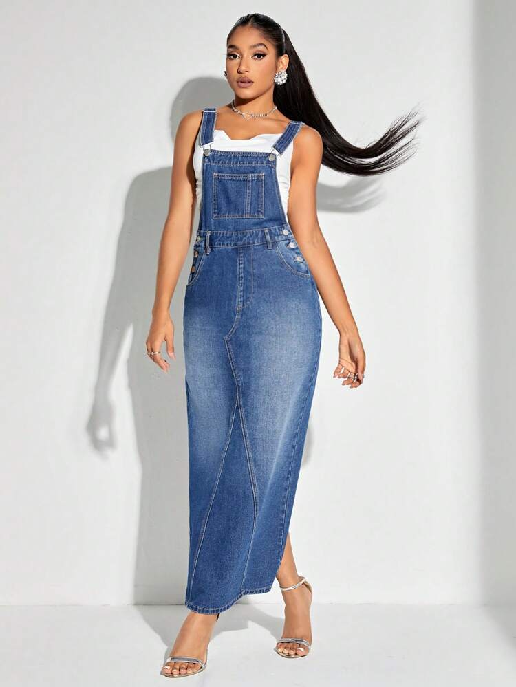 Slant Pocket Split Back Denim Overall Dress Without Tank Top