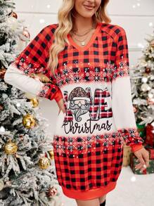 SHEIN LUNE Christmas Print Raglan Sleeve Dress For New Year Clothes