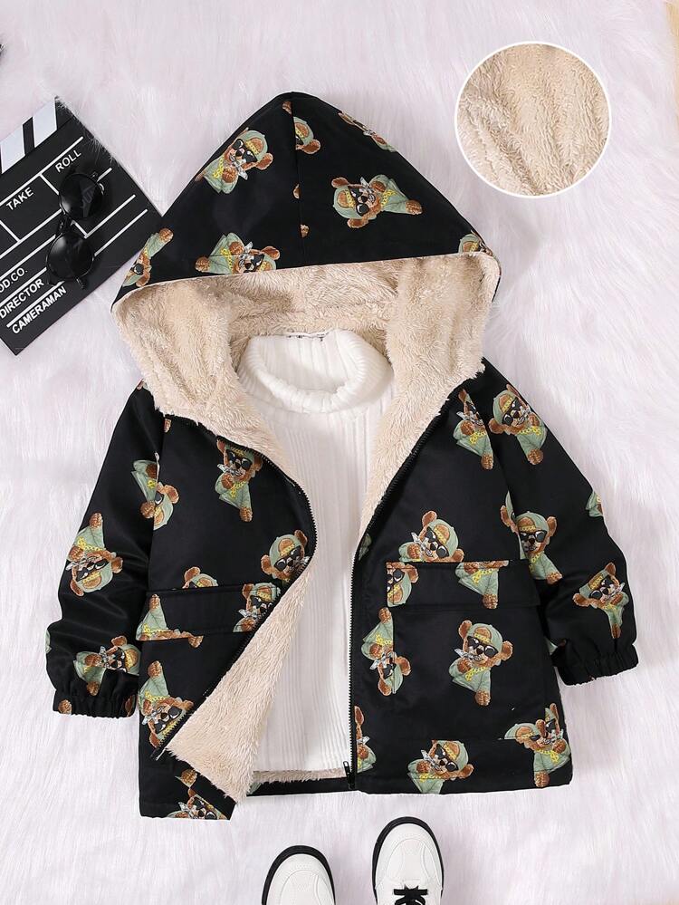 Young Boy Bear Print Thermal Lined Hooded Coat