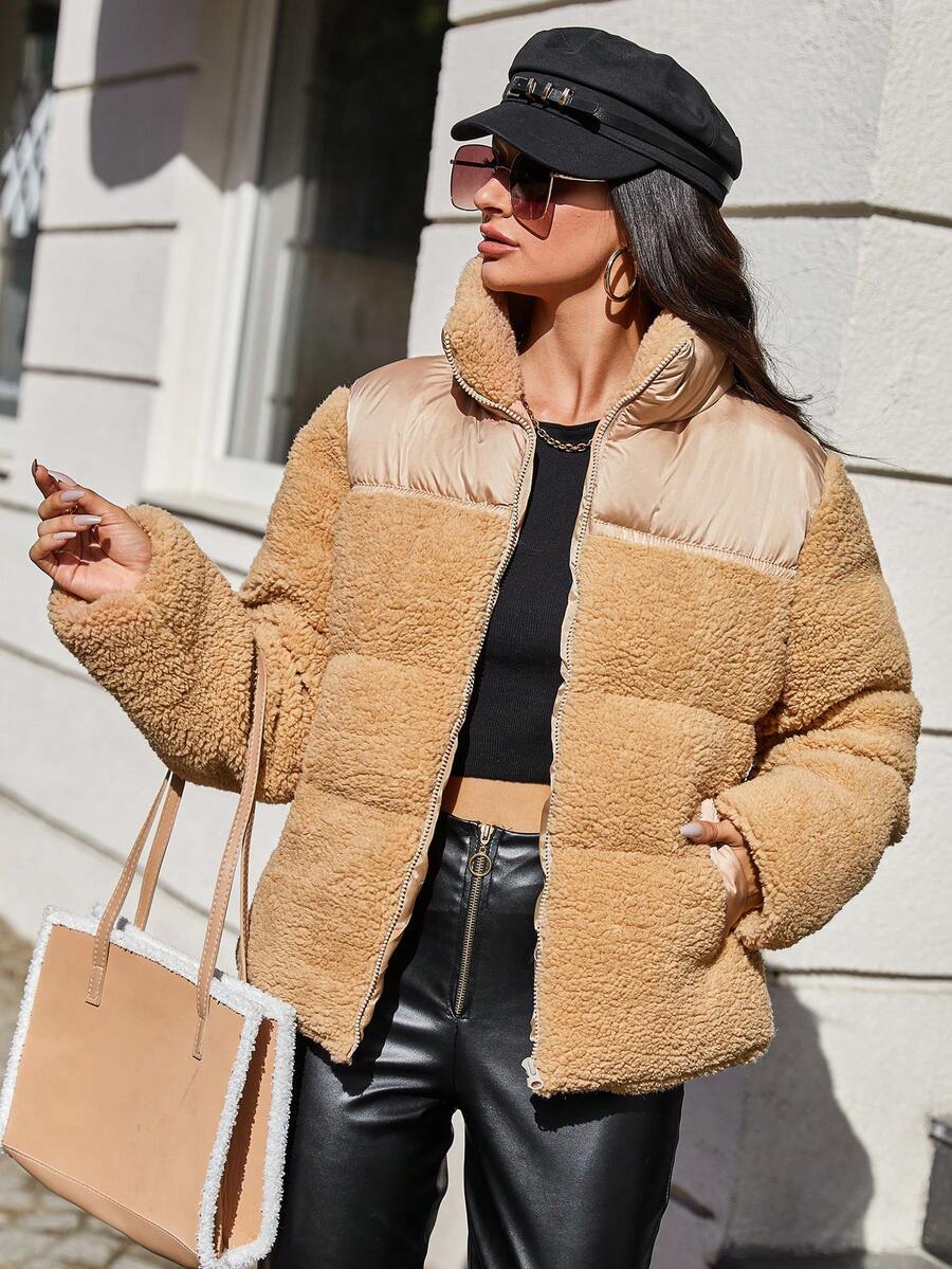 EURMUSE 雙色拉鏈開襟絨毛麵包服 - 米色 - 查看 1