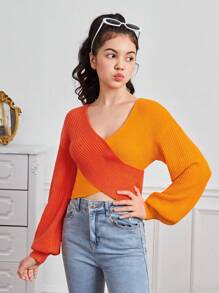 Teen Girl Two Tone Crossover Sweater