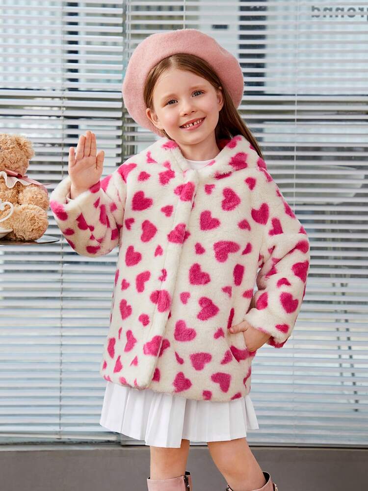 Young Girl 1pc Heart Pattern 3D Ear Design Hooded Fuzzy Coat