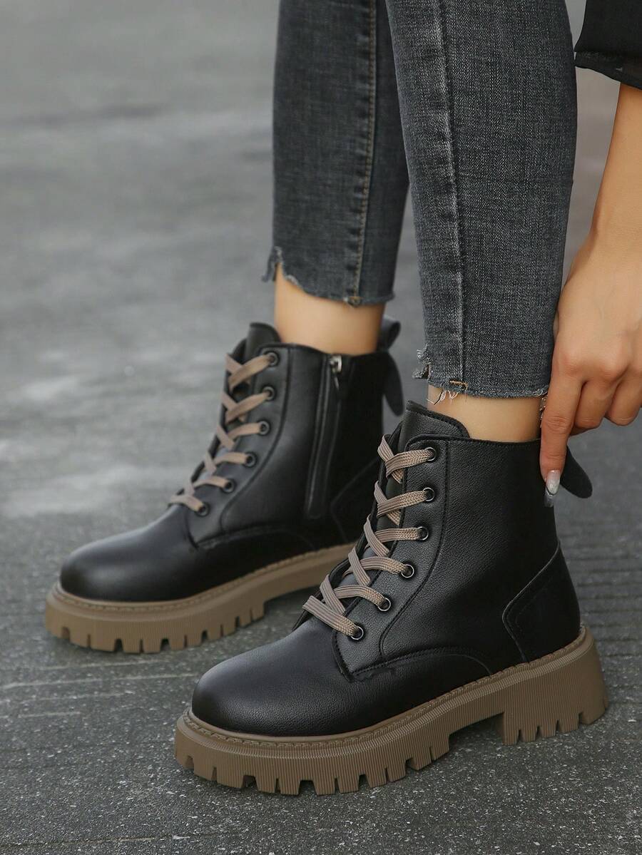 Hàng mới đến 2023 Của phụ nữ Chóp giầy tròn Dày Đế Dây kéo bên Mặt trước Lace-up Giữa bắp chân Chống trượt Thoải mái Thời trang Moto Giày ống Đối với Mùa thu Và Mùa Đông - màu đen - Xem 1
